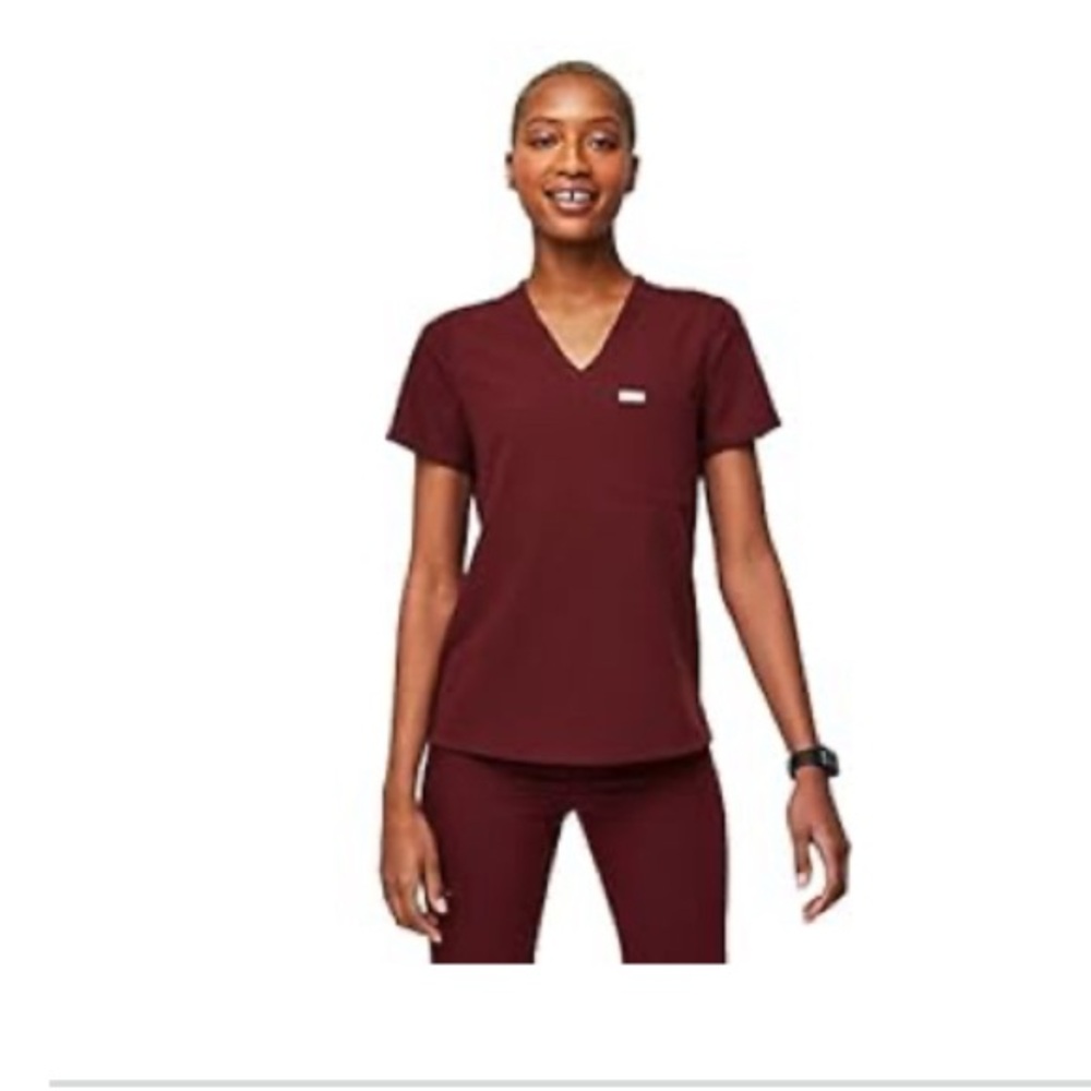 Figs Maroon Short Sleeve V-Neck Top